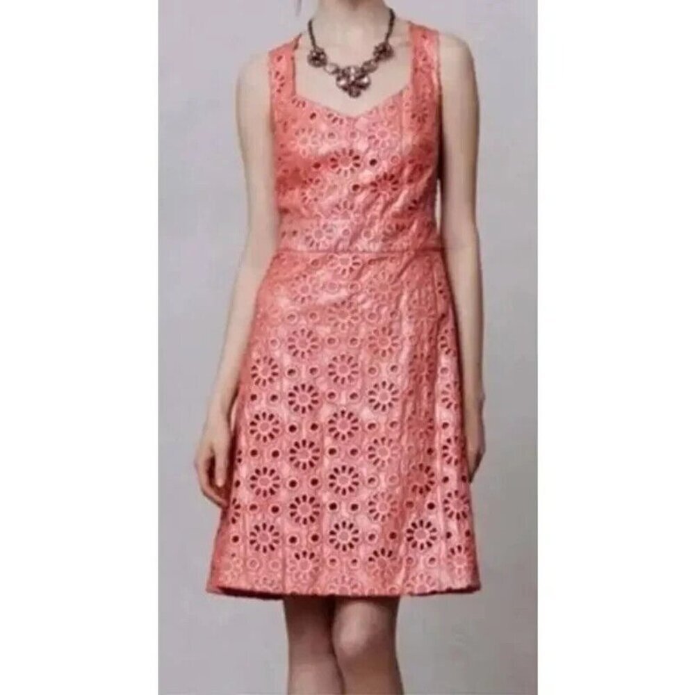 Anthropologie Maeve Eyelet Dress Efeey Shimmer Floral Coral Pink